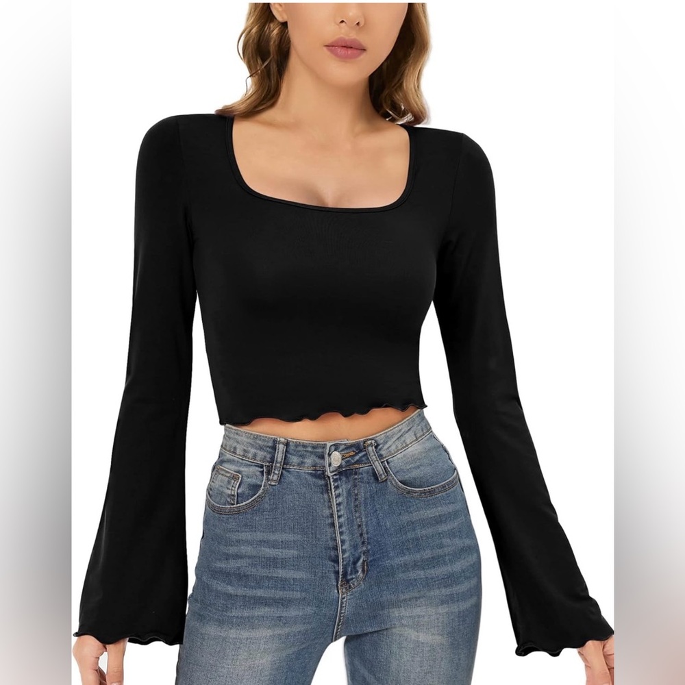 Bell Sleeve Crop Top for Women Square Neck